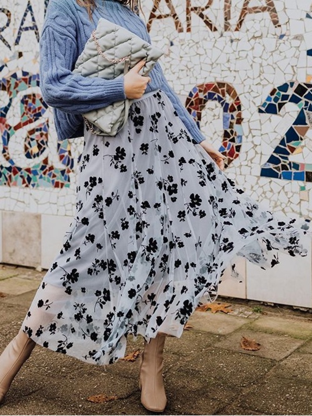 Chicwish 3D Posy Floral Double-layered Mesh MIDI Skirt In Dusty Blue